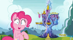 Size: 844x467 | Tagged: safe, screencap, pinkie pie, pony, rock solid friendship, discovery family logo, solo, twilight's castle