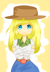 Size: 1748x2480 | Tagged: safe, artist:39miruku, applejack, human, crossed arms, equestria girls outfit, humanized, looking at you, solo