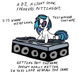 Size: 689x668 | Tagged: safe, artist:closer-to-the-sun, dj pon-3, vinyl scratch, pony, unicorn, kaskade, lyrics, solo, turntable