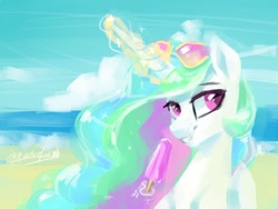 Size: 1024x768 | Tagged: safe, artist:colorfulcolor233, princess celestia, alicorn, pony, beach, female, food, glasses, ice cream, magic, mare, popsicle, solo, telekinesis