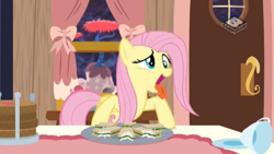 Size: 2560x1440 | Tagged: safe, screencap, fluttershy, pegasus, pony, discordant harmony, behaving like a dog, boomerang (tv channel), cup, discord's house, faic, food, open mouth, sandwich, solo, teacup, the discord zone, tongue out