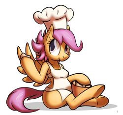 Size: 800x750 | Tagged: safe, artist:tg-0, scootaloo, anthro, apron, chef's hat, chicken nugget, clothes, hat, naked apron, scootachicken, sitting, solo