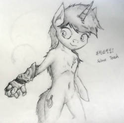 Size: 1280x1270 | Tagged: safe, artist:science teach, lyra heartstrings, pony, semi-anthro, artificial hands, belly button, bipedal, chest fluff, monochrome, pencil drawing, solo, traditional art