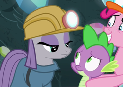 Size: 610x432 | Tagged: safe, screencap, maud pie, pinkie pie, spike, dragon, earth pony, pony, rock solid friendship, hard hat, hat, helmet, lidded eyes, mining helmet, sweat