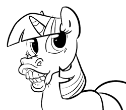 Size: 552x479 | Tagged: safe, artist:rustydooks, derpibooru import, twilight sparkle, black and white, flehmen response, grayscale, hoers, horse face, horses doing horse things, monochrome, smiling, solo, teeth, wat