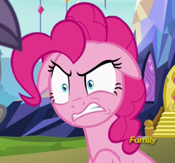 Size: 510x475 | Tagged: safe, screencap, pinkie pie, pony, rock solid friendship, angry, cropped, discovery family logo, floppy ears, twilight's castle