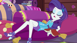 Size: 1920x1080 | Tagged: safe, screencap, rarity, better together, equestria girls, holidays unwrapped, bags under eyes, blizzard or bust, book, eyes closed, eyeshadow, geode of shielding, legs, magical geodes, makeup, pencil skirt, plusplus, sleeping, solo