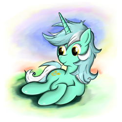 Size: 1400x1400 | Tagged: safe, artist:milanoss, lyra heartstrings, pony, unicorn, head turn, looking away, prone, solo