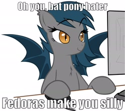 Size: 2380x2100 | Tagged: safe, artist:reiduran, artist:zee66, oc, oc only, oc:speck, bat pony, pony, computer, computer mouse, fedora, fedora shaming, hat, image macro, keyboard, meme, solo