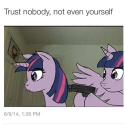 Size: 500x500 | Tagged: safe, artist:kul, derpibooru import, twilight sparkle, twilight sparkle (alicorn), alicorn, pony, female, gun, hoof hold, mare, meme, parody, pistol, ponified, square crossover, trust nobody not even yourself, weapon