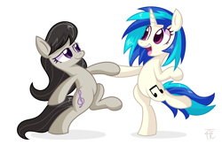 Size: 5250x3450 | Tagged: safe, artist:php92, dj pon-3, octavia melody, vinyl scratch, earth pony, pony, absurd resolution, bipedal, dancing, simple background