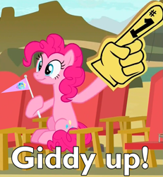 Size: 983x1064 | Tagged: safe, edit, edited screencap, screencap, pinkie pie, pony, rock solid friendship, 4chan cup, cropped, foam finger, giddy up, solo