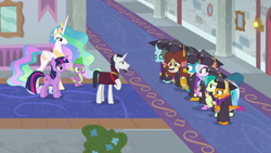 Size: 1280x720 | Tagged: safe, screencap, chancellor neighsay, gallus, ocellus, princess celestia, sandbar, silverstream, smolder, spike, twilight sparkle, twilight sparkle (alicorn), yona, alicorn, dragon, pony, school raze, hoof shoes, student six, winged spike