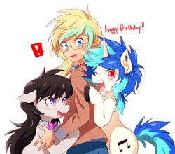 Size: 500x440 | Tagged: safe, artist:megarexetera, dj pon-3, octavia melody, vinyl scratch, oc, human, pony, bipedal, bipedal leaning, exclamation point, floppy ears, happy birthday, human male, lucky bastard, male, open mouth, smiling, surprised, wide eyes, wink