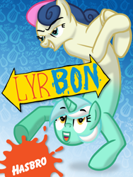 Size: 1500x2000 | Tagged: safe, artist:knadire, artist:knadow-the-hechidna, bon bon, lyra heartstrings, sweetie drops, earth pony, pony, unicorn, do princesses dream of magic sheep, attached, catdog, fusion, handstand, lyrabon (fusion), parody, recreation