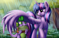 Size: 2550x1650 | Tagged: safe, artist:grennadder, derpibooru import, spike, twilight sparkle, twilight sparkle (alicorn), alicorn, dragon, pony, book, cute, female, hnnng, mama twilight, mare, rain, spikelove, wing umbrella