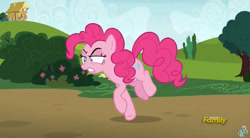 Size: 844x467 | Tagged: safe, screencap, pinkie pie, pony, rock solid friendship, discovery family logo, solo