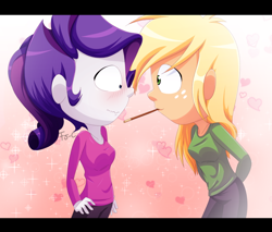 Size: 800x681 | Tagged: safe, artist:fj-c, applejack, rarity, equestria girls, female, food, lesbian, mikado, mouth hold, pocky, rarijack, shipping