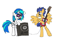 Size: 1194x811 | Tagged: safe, artist:jrapcdaikari, dj pon-3, flash sentry, vinyl scratch, pony, unicorn, backwards cutie mark, bass guitar, guitar, magical bass guitar, musical instrument, speakers, wub