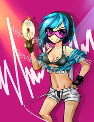 Size: 854x1108 | Tagged: safe, artist:asparagusapparatus, artist:techycutie, dj pon-3, vinyl scratch, human, belly button, bikini top, black underwear, clothes, humanized, light skin, midriff, open fly, solo, teenager, underwear