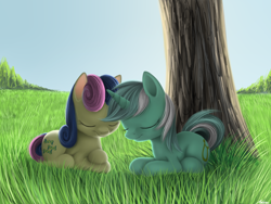 Size: 1600x1200 | Tagged: safe, artist:luminousdazzle, bon bon, lyra heartstrings, sweetie drops, eyes closed, female, grass, lesbian, lyrabon, shipping