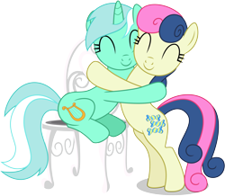 Size: 7000x6100 | Tagged: safe, artist:caliazian, bon bon, lyra heartstrings, sweetie drops, pony, slice of life (episode), absurd resolution, adorabon, best friends, bipedal, c:, chair, cute, eyes closed, hug, lyrabetes, simple background, sitting, smiling, transparent background, vector