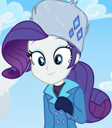 Size: 948x1080 | Tagged: safe, screencap, rarity, better together, equestria girls, holidays unwrapped, cropped, cute, female, jewelry, looking down at you, mittens, raised eyebrows, raribetes, smiling, solo, winter outfit