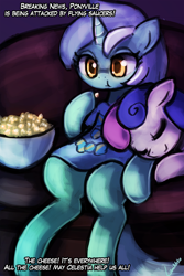 Size: 750x1125 | Tagged: safe, artist:lumineko, bon bon, lyra heartstrings, sweetie drops, earth pony, pony, unicorn, dialogue, eating, eyes closed, female, lesbian, lyrabon, popcorn, shipping, sleeping, smiling, sofa