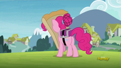 Size: 1366x768 | Tagged: safe, screencap, pinkie pie, pony, rock solid friendship, alternate hairstyle, bun, discovery family logo, hairnet, pizza delivery, pizza head, ponyville, solo