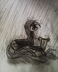 Size: 1322x1656 | Tagged: safe, artist:luted, lyra heartstrings, fanfic:background pony, clothes, hoodie, lyre, monochrome, rain, sad, solo, traditional art