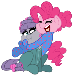 Size: 3000x3062 | Tagged: safe, artist:befishproductions, maud pie, pinkie pie, pony, rock solid friendship, clothes, footed sleeper, hair curlers, happy, hug, pajamas, simple background, transparent background