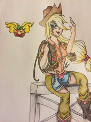 Size: 1024x1365 | Tagged: safe, artist:bpdmommy, applejack, human, chaps, clothes, element of honesty, humanized, rope, shirt, shorts, solo, traditional art, vest