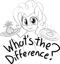 Size: 1382x1471 | Tagged: safe, artist:zippysqrl, derpibooru exclusive, pinkie pie, earth pony, pony, bust, female, food, grayscale, looking at you, mare, monochrome, pineapple, pineapple pizza, pizza, poop, simple background, sketch, solo, take that, white background