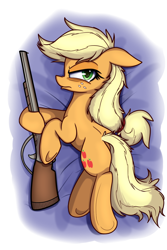 Size: 1000x1501 | Tagged: safe, artist:heir-of-rick, applejack, earth pony, pony, daily apple pony, body pillow, body pillow design, gun, looking at you, pillow, shotgun, solo, weapon