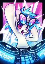 Size: 724x1024 | Tagged: safe, artist:jopiter, dj pon-3, vinyl scratch, pony, unicorn, hooves up, solo, turntable