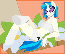 Size: 1100x900 | Tagged: safe, artist:ittybittybritty, dj pon-3, vinyl scratch, anthro, bread, clothes, flower, pose, sandwich, solo