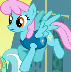 Size: 712x720 | Tagged: safe, screencap, lyra heartstrings, sassaflash, pegasus, pony, winter wrap up, background pony, cropped, electric blue, female, flying, mare, pink mane, recolor, solo focus, weather team, winter wrap up vest