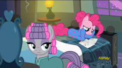 Size: 1136x640 | Tagged: safe, screencap, maud pie, pinkie pie, pony, rock solid friendship, bed, charts and graphs, clothes, discovery family logo, footed sleeper, hair curlers, pajamas