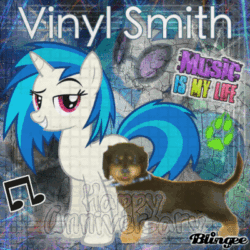 Size: 400x400 | Tagged: safe, dj pon-3, vinyl scratch, dog, pony, unicorn, animated, anniversary, blingee, exploitable meme, female, grin, looking at you, mare, meme, music, music notes, paws, solo, text