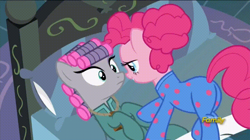 Size: 720x404 | Tagged: safe, screencap, maud pie, pinkie pie, pony, rock solid friendship, bed, clothes, discovery family logo, footed sleeper, hair curlers, lidded eyes, out of context, pajamas