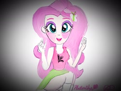 Size: 2048x1536 | Tagged: safe, artist:sumin6301, fluttershy, equestria girls, clothes, female, skirt, skirt lift, solo, tanktop, trace, traditional art