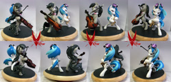 Size: 3321x1600 | Tagged: safe, artist:viistar, dj pon-3, octavia melody, vinyl scratch, earth pony, pony, action pose, bedroom eyes, bipedal, cello, hoof hold, mouth hold, musical instrument, saxophone, sculpture, smiling, smirk