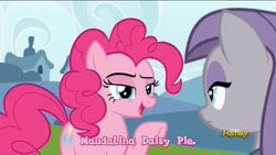 Size: 960x540 | Tagged: safe, edit, edited screencap, screencap, maud pie, pinkie pie, pony, rock solid friendship, discovery family logo, full name, lidded eyes, maudalina daisy pie, raised eyebrow