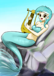 Size: 1300x1824 | Tagged: safe, artist:twilite-sparkleplz, lyra heartstrings, mermaid, bandeau, belly button, happy, irrational exuberance, looking at you, lyre, mermaid lyra, mermaidized, midriff, open mouth, rock, seaponified, sitting, smiling, solo, species swap, tail, water