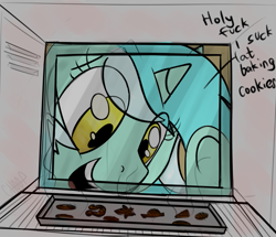 Size: 1039x895 | Tagged: safe, artist:choop, lyra heartstrings, baking, cookie, oven, solo, underhoof, vulgar