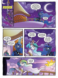 Size: 768x1024 | Tagged: safe, artist:tonyfleecs, idw, princess celestia, princess luna, alicorn, pony, nightmare knights, spoiler:comic, spoiler:comicnightmareknights02, comic, crescent moon, dawn, ethereal mane, female, hoof shoes, mare, moon, night, official comic, preview, raising the sun, royal sisters, sisters, speech bubble, starry mane, sun