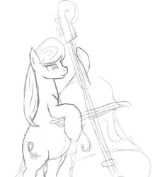 Size: 1337x1479 | Tagged: safe, artist:patch, octavia melody, earth pony, pony, bedroom eyes, belly, belly button, bipedal, cello, hoof hold, monochrome, musical instrument, pregnant, sketch, smiling, solo
