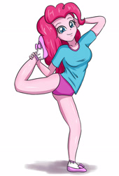 Size: 2362x3472 | Tagged: safe, artist:sumin6301, pinkie pie, equestria girls, breasts, clothes, cute, female, flexible, looking at you, raised leg, shoes, simple background, smiling, solo, stretching, white background