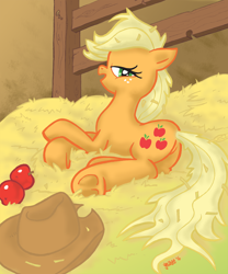 Size: 1200x1439 | Tagged: safe, artist:yewdee, applejack, earth pony, pony, apple, female, food, hay, lidded eyes, loose hair, mare, plot, prone, solo, underhoof