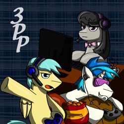 Size: 600x600 | Tagged: safe, artist:olificus, dj pon-3, octavia melody, sunshower raindrops, vinyl scratch, earth pony, pony, computer, controller, headset